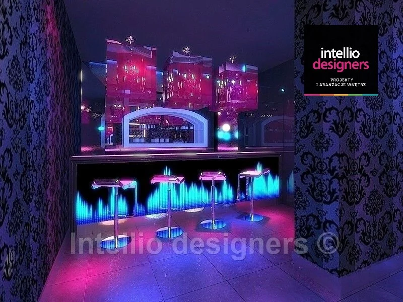 Projekt sali klubowej w klubie na ul. Szpitalnej, podświetlany bar interior design music club. Ultranowoczesny styl w Krakowie