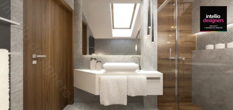 Piękna łazienka na poddaszu z umywalką nablatową i kabiną prysznicową duże lustro