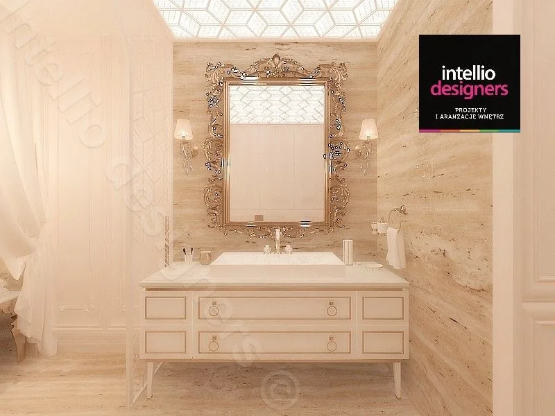 Jasne meble łazienkowe, ze stylizowanym lustrem