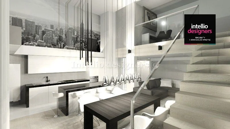 projekt wnętrza, mieszkanie dwupoziomowego beton chłodna kolorystyka nowoczesny design. Tapeta z miastem, krzesła hokery w kuchni