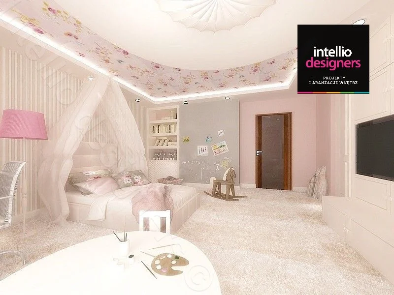 Piękne pokoje i salony - projekt koncepcyjny pokój dziecka różowy tapeta różowa lampa stojąca