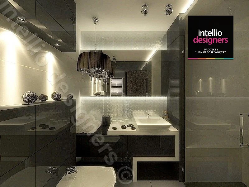 Dekoracja i projekt łazienki w ciemnych kolorach, lustra podświetlone światłem led architektura wnętrz intellio
