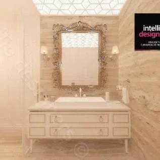 Jasne meble łazienkowe, ze stylizowanym lustrem