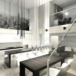 projekt wnętrza, mieszkanie dwupoziomowego beton chłodna kolorystyka nowoczesny design. Tapeta z miastem, krzesła hokery w kuchni
