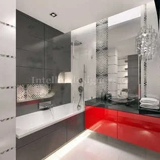 Kraków łazienka czerwona szafka wanna umywalka lustro projektowanie wnętrza