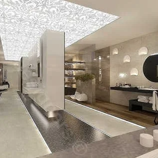 Architektura wnętrz komercyjnych - Projekt Prestige Room Kraków widok na strefę, podświetlany sufit, projekty łazienek - inspiracje.